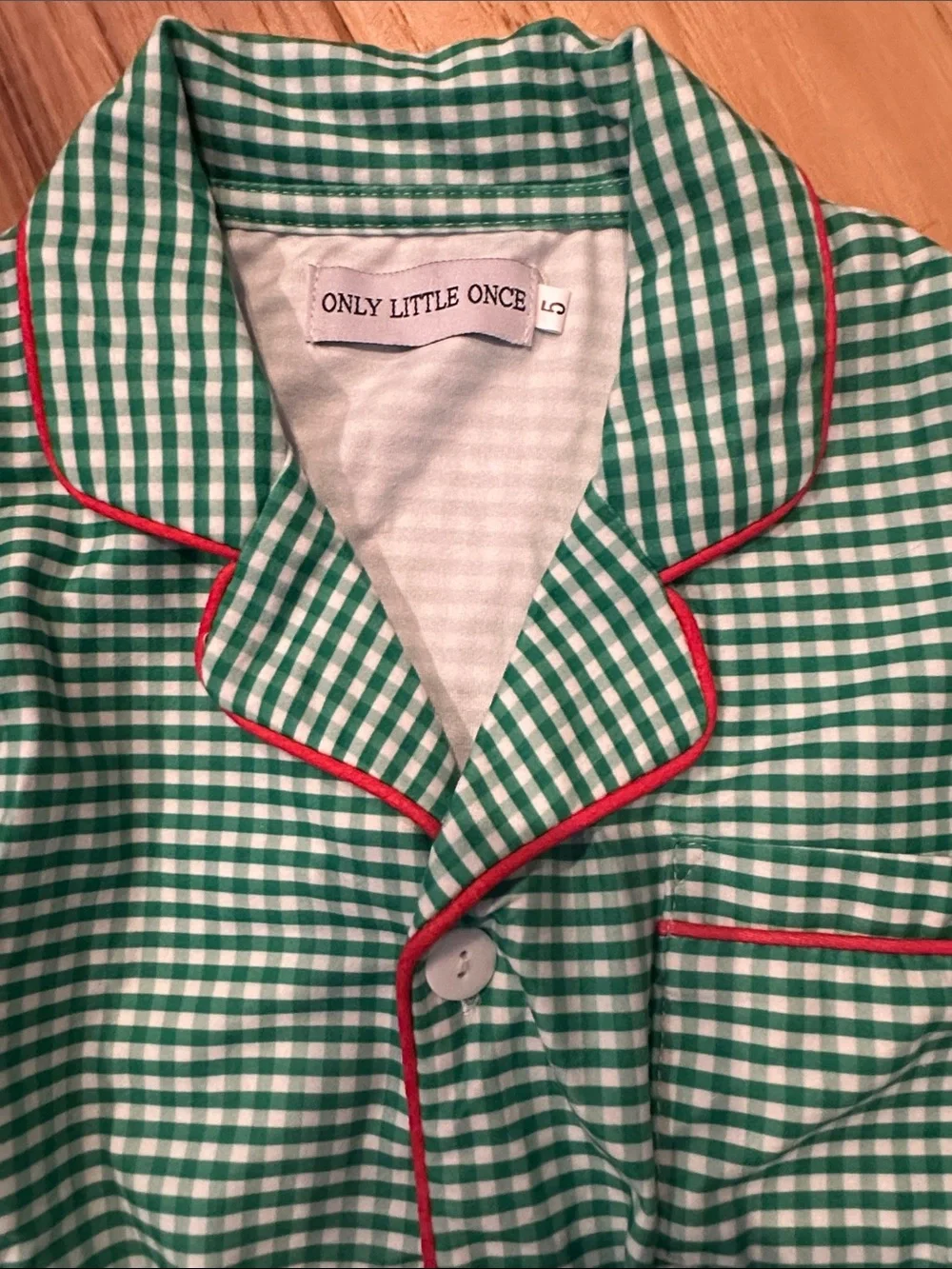 Green Gingham Kids Pajama Set with Red Piping - Cozy Two-Piece